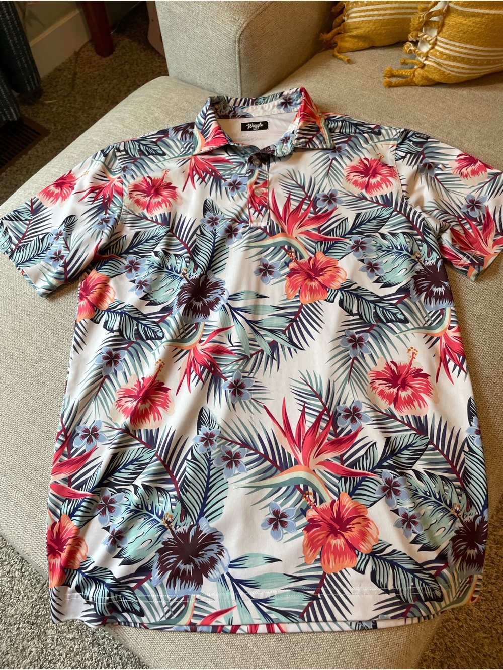 Tropical Floral Polo Shirt - White with Red & Teal Floral